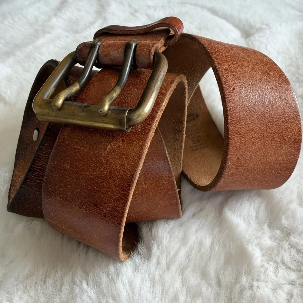 Vintage Distressed Leather Belt Solid Brass Double Prong Buckle Brown Size 34